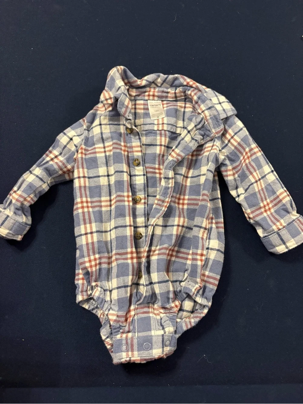 Carters Blue Plaid Flannel One-Piece Shirt size 12m